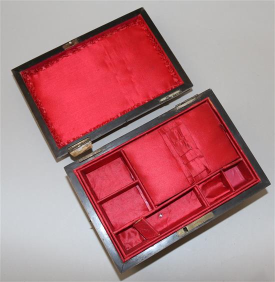 A 19th century tortoiseshell work box, a similar tea caddy and another small box, work box W. 7in.